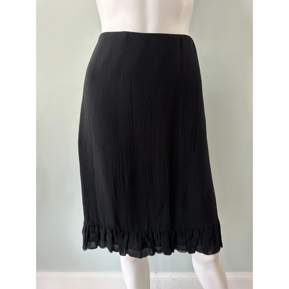 Ann Taylor Silk Midi Skirt Black Ruffle Knee Length A Line Career Wear Size 10